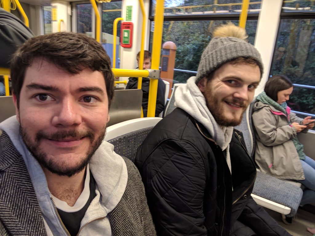 Jack and Sam on the tram to Manchester Airport.